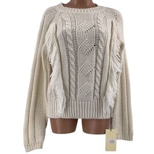 Elsamanda Anthropologie Chunky Cable Knit Fringe Crew Neck Sweater Size L New